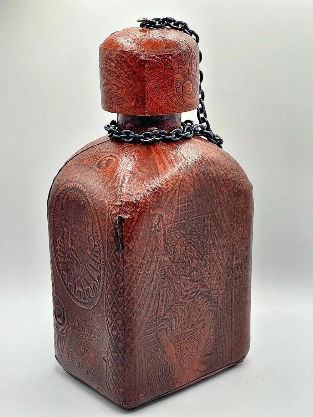 VTG Don Quixote Miguel De Cervantes Tooled Leather Wrap Whiskey Bottle Decanter